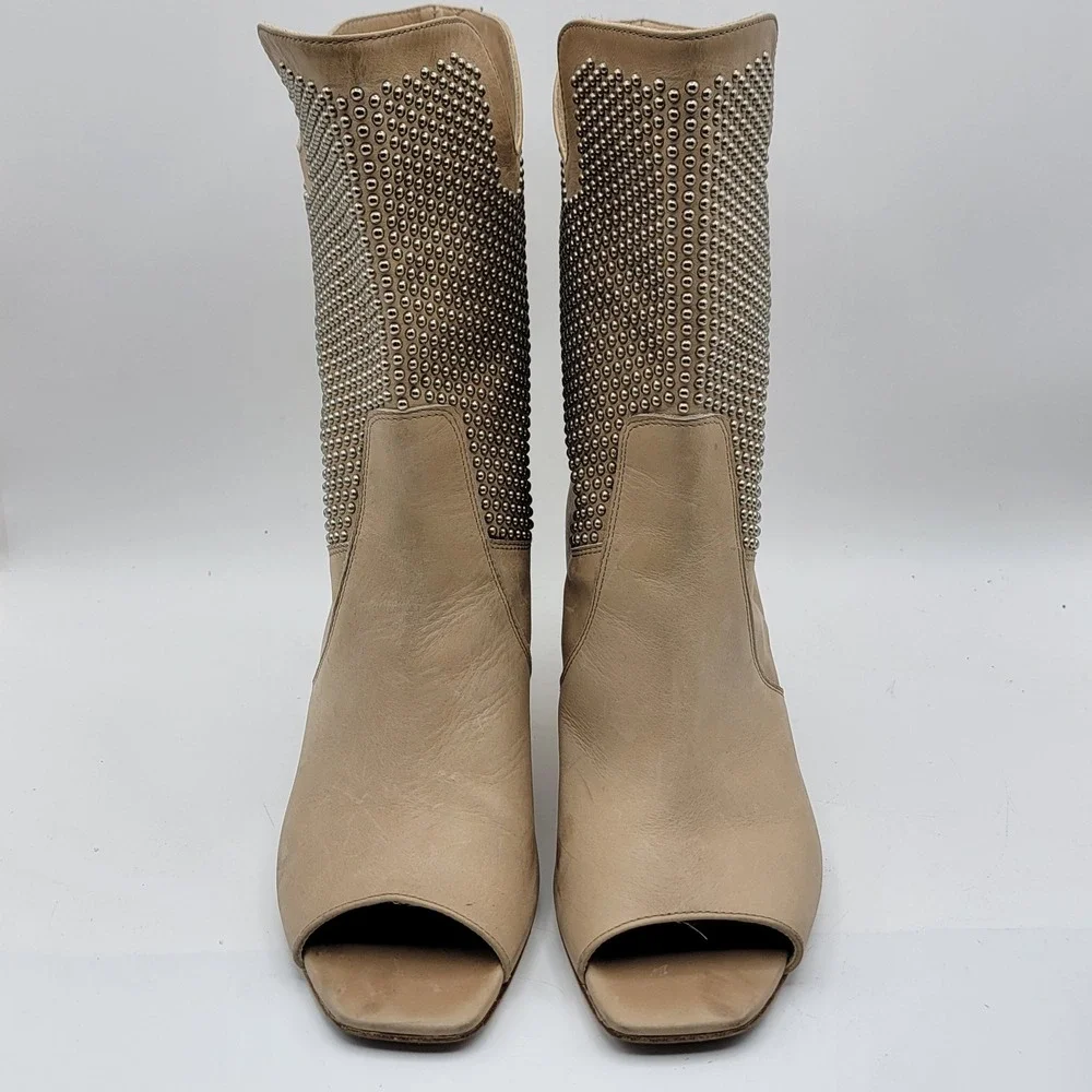 Aquatalia‎ Marvin K Beige Leather Studded Peep Toe Ankle Boots Made in Italy 8